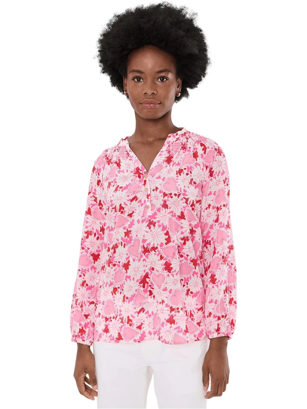 Lilly Pulitzer Elsa silk pink floral heart long sleeve top